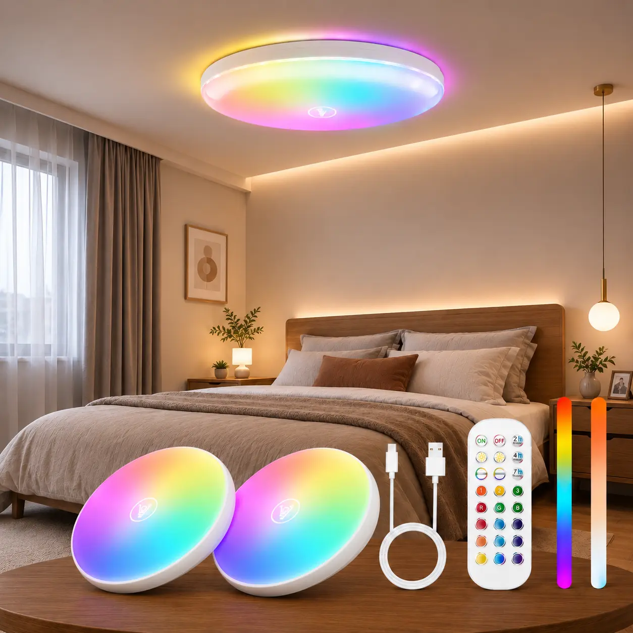 2-Pack Magnetic RGB Ceiling Lights,Rechargeable Wireless Battery-Operated IP66 Waterproof LED Ceiling Lights with Remote Control for Shower, Bathroom, Closet, Pantry, Hallway, Porch, Garage, Indoor Home Lighting