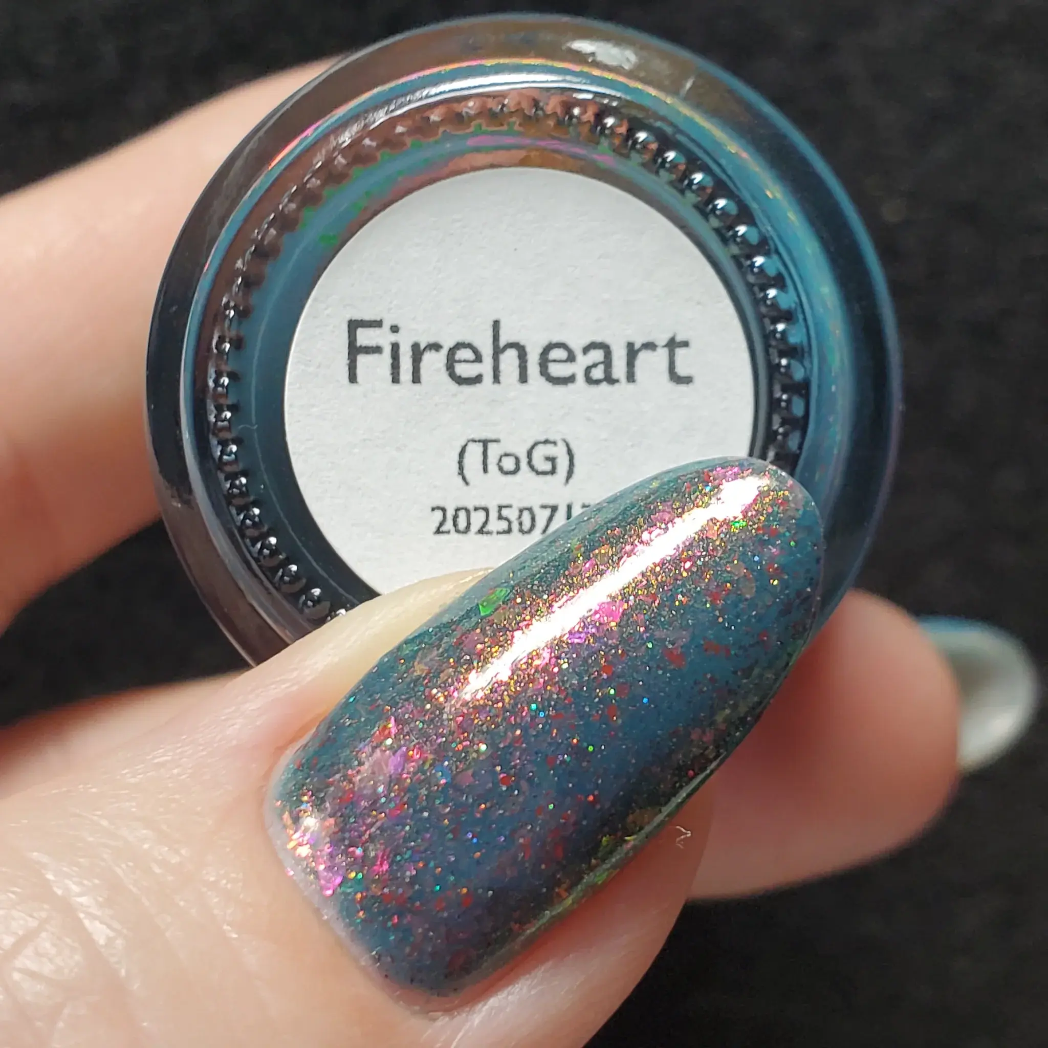 Fireheart | A Smoky Blue Teal Crelly Base With Contrasting and Complimentary Aurora Shimmer and Aurora Flakes and Tiny Holo Glitter and Red Chrome Microflakes