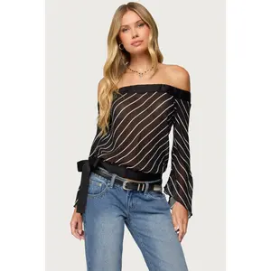 Diagonal Striped Off Shoulder Chiffon Top