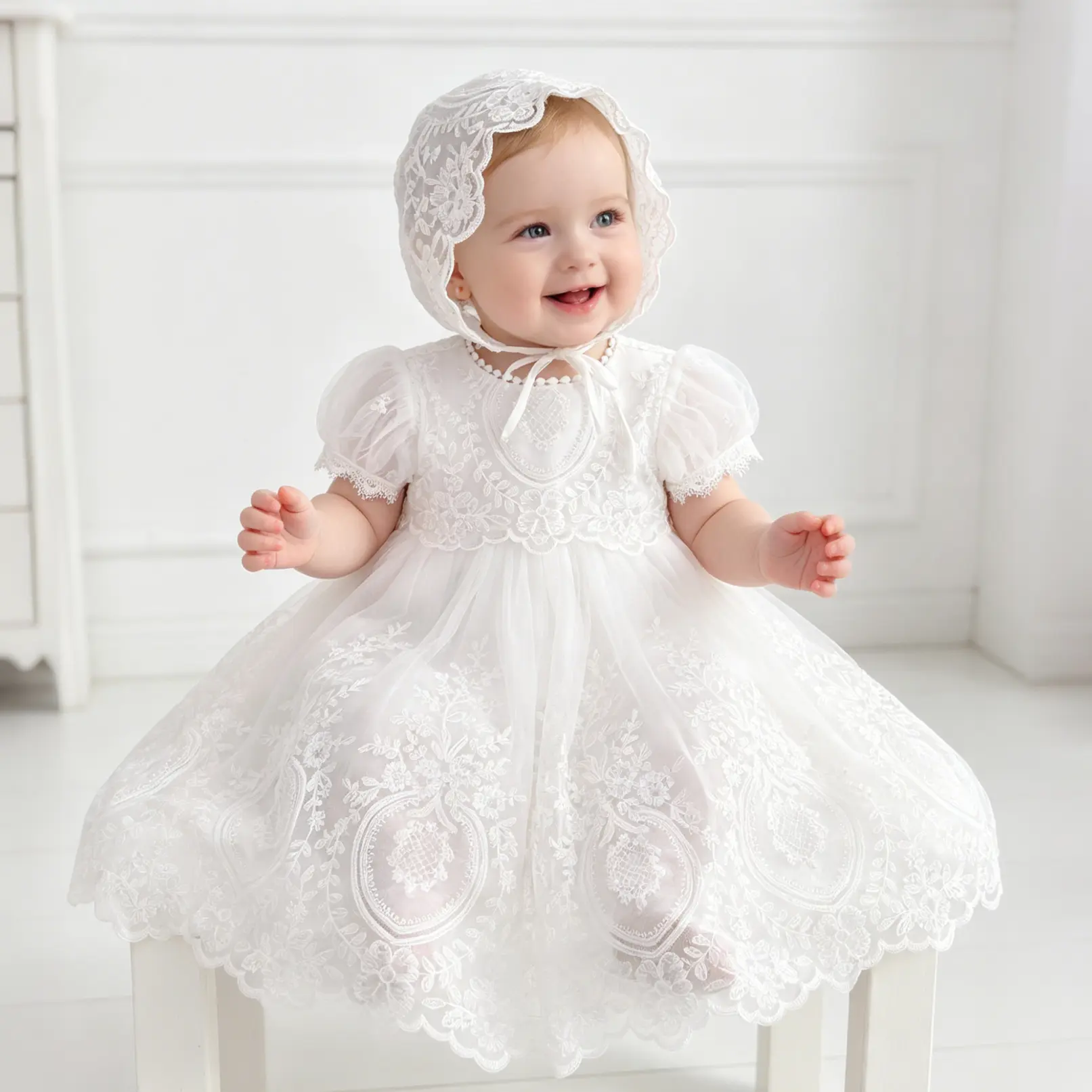 Baby Girl Christening Baptism Dress Newborn Floral Embroidered Lace Formal Wedding Dresses Gown Outfit