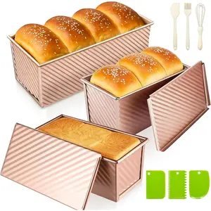 3-Pack Bread Pan with Lids, 2.2LB & 1LB & 1LB Dough Capacity, Non-Stick Carbon Steel Pullman Loaf Pan for Baking, Professional Toast Box Mold with Baking Tools - Gold