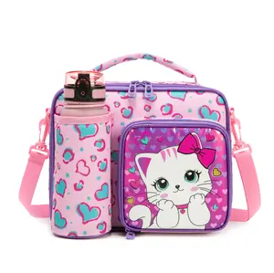 Kids Lunch Bag Girls - Thermal Insulated Lunch Box Tote with Water Bottle Holder, Reusable Leak-Proof Kids Lunch Box for Daycare & School, Pink Cat (Containers Not Included)