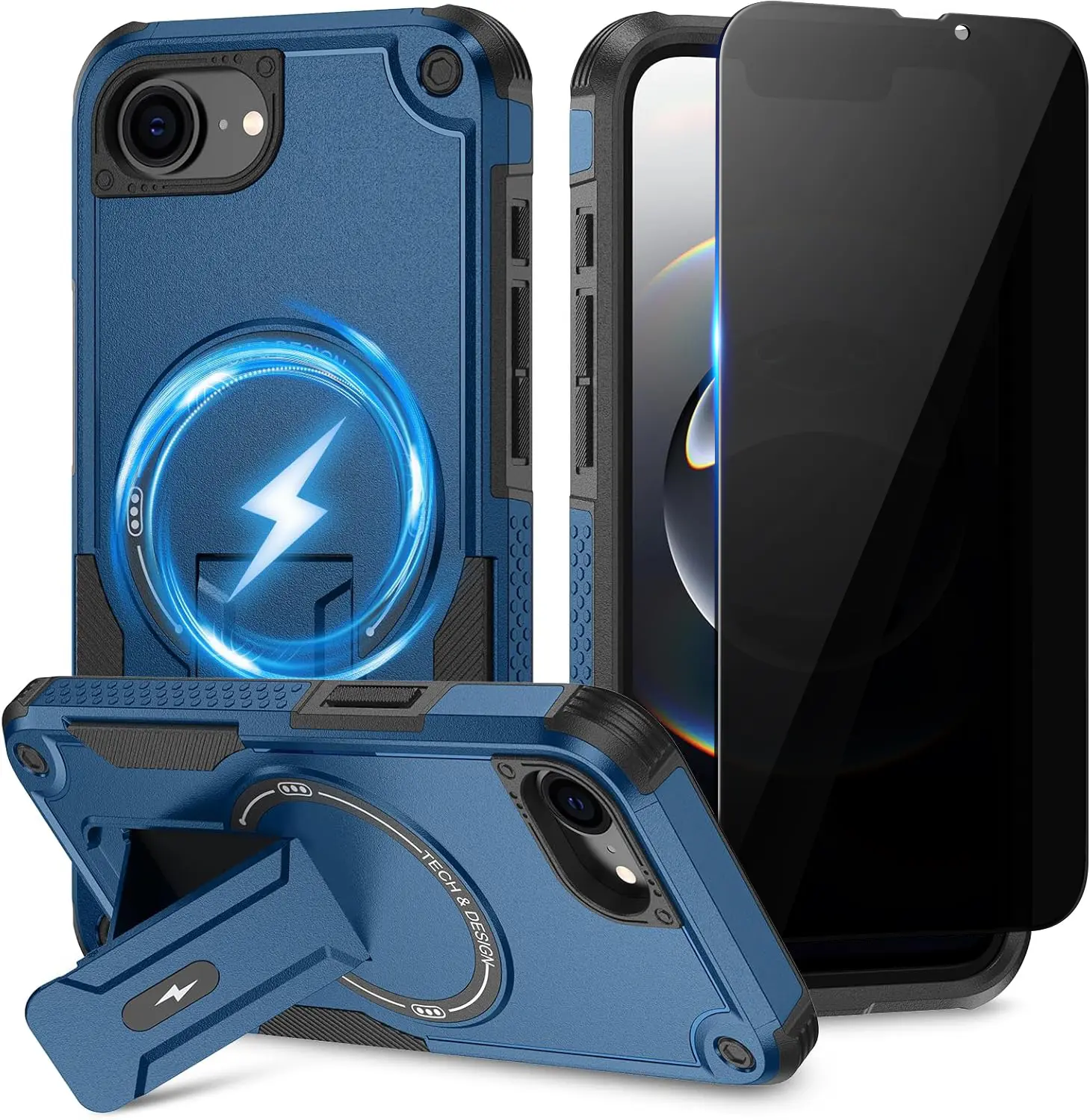 for iPhone 17E/16E Case with Privacy Tempered Glass Screen Protector , Compatible with MagSafe, Invisible Kickstand, Shockproof Phone Cover, Blue
