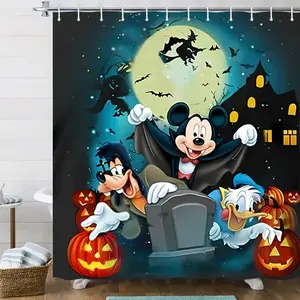 DISNEY CLASSIC Mickey & Minnie Halloween Shower Curtain - Polyester Bathroom Decor with Hooks, Spooky Castle Bats Pumpkins Design, Machine Washable for Easy Installation, Halloween Bathroom Decor, Spooky Bathroom Style