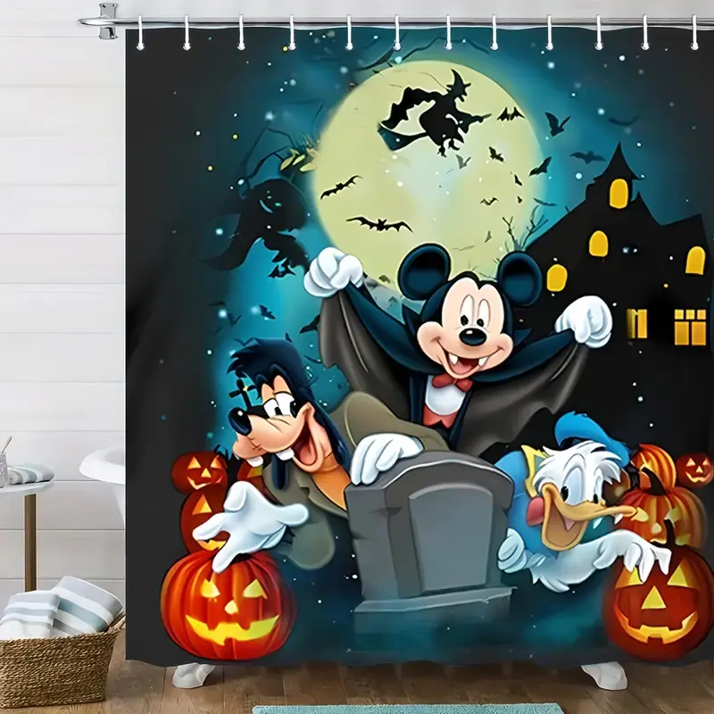 DISNEY CLASSIC Mickey & Minnie Halloween Shower Curtain - Polyester Bathroom Decor with Hooks, Spooky Castle Bats Pumpkins Design, Machine Washable for Easy Installation, Halloween Bathroom Decor, Spooky Bathroom Style