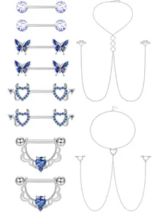 14G Stainless Steel Nipple Rings for Women CZ Butterfly Heart Nipple Rings with Choker Necklace Nipple Barbell Body Piercing Jewelry Body Piercings Set