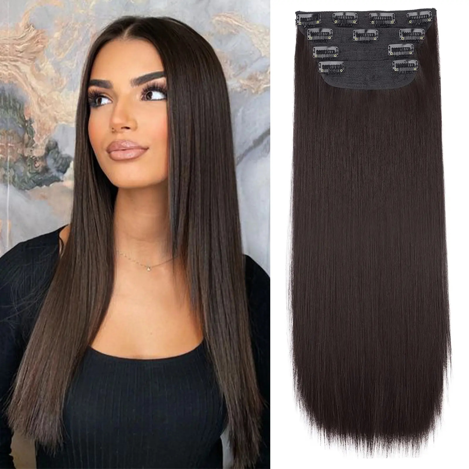 Vigorous Women's Clip-in Hair Extensions, 22in 4-Piece Straight Synthetic Set in Dark Brown, Soft Natural Look for Added Length, Clip Hair Extensions, Artificial Hair Synthetic Extensions & Pieces