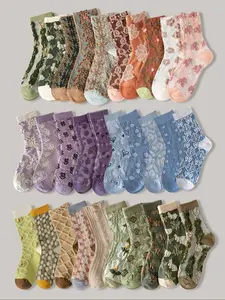 Women's Vintage Embossed Ditsy Floral Knee High Socks, Soft Comfy Hosiery, Comfortable Breathable Mid-Calf Socks, Casual Fitted Design, All Seasons, Everyday Casual Wear