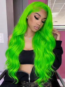 Neon Green Body Wave Wigs 13x4 Lace Front Wigs Pre-Plucked Hairline Synthetic Wig Concert Look Body Wave Wig Coachella Festival Look Lace Front Wigs for Women 28 Inch