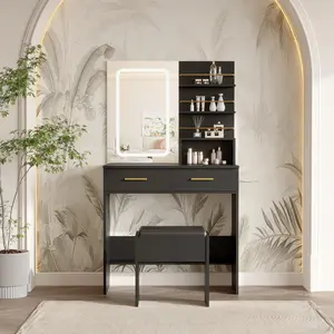 Vanity Desk with Mirror and Lights, Makeup Vanity with 2 Drawers & Open Storage Shelves, Cabinet, 3 Lighting Modes Adjustable Brightness, Bedroom Dressing Table