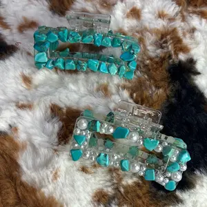 Western Turquoise Hair Claws Handmade  with Natural Stones Clear Accents & Pearls for Elegant & Functional Hair Accessories