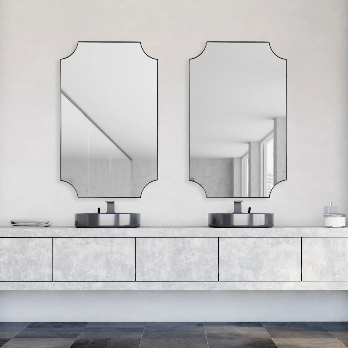 212 Main Solid Iron Rectangle Wall-Mount Mirror - 20x32x1in Satin Black Contemporary Mirror with Scalloped Corners, Decorative Accents, 24 lbs Home Decor Supply