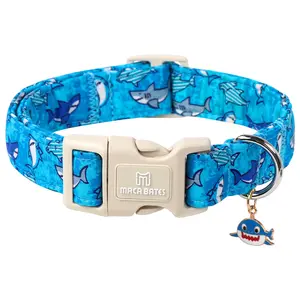 Maca Bates Adjustable Durable Soft Comfortable Blue Shark Dog Collar , Summer Beach Collar for Boy Girl Male Female Pets with White Safety Buckle