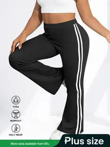 Plus Size High Waisted Flared Pants with Side Stripes, Comfortable Casual Activewear for Curvy Women, Trendy Loose Fit Bottoms