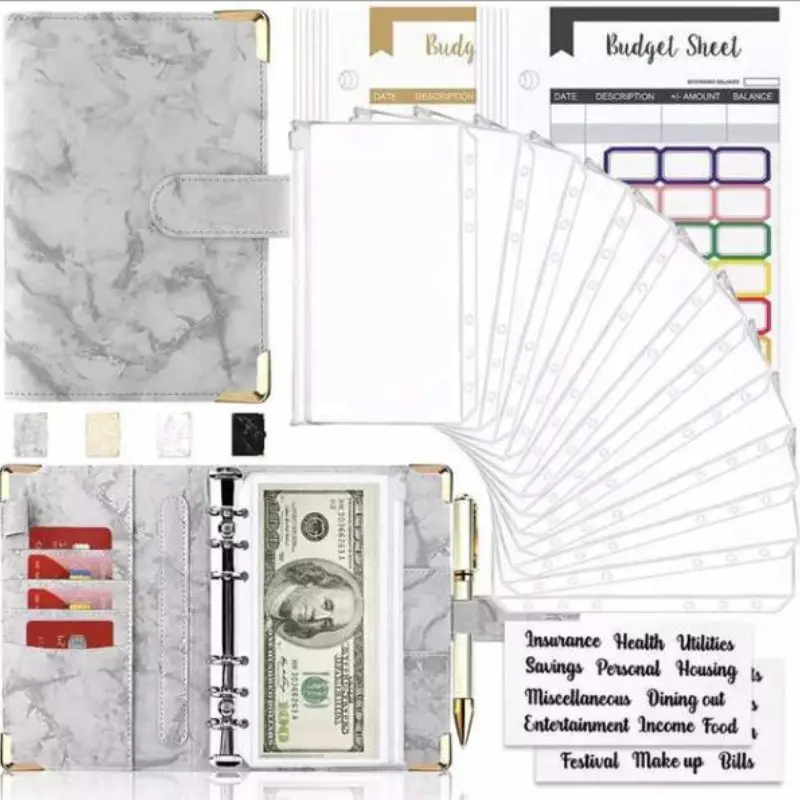 A6 Marble Style Six-Ring Binder with Cash Envelope and Budget Sheet, Faux Leather Financial Management Organizer for Expense Tracking, Monthly Budget Planner, Finance Checklist Organizer, Monthly Bill Organizer, Savings Tracker Organizer, Savings Binder
