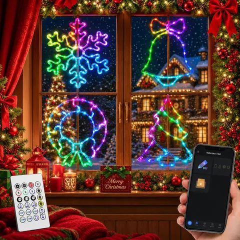 4-Pack LED Neon Christmas Window Silhouette Lights Set - LED Neon Lights, Christmas Home Decor, 3m Cable Length, 1.65lb Wall Hanging (Wreath,Snowflake,Bell,Tree), App-Controlled, Avatar & Remote Controls, Dimming, App Music Sync, Indoor DIY Ornaments fami
