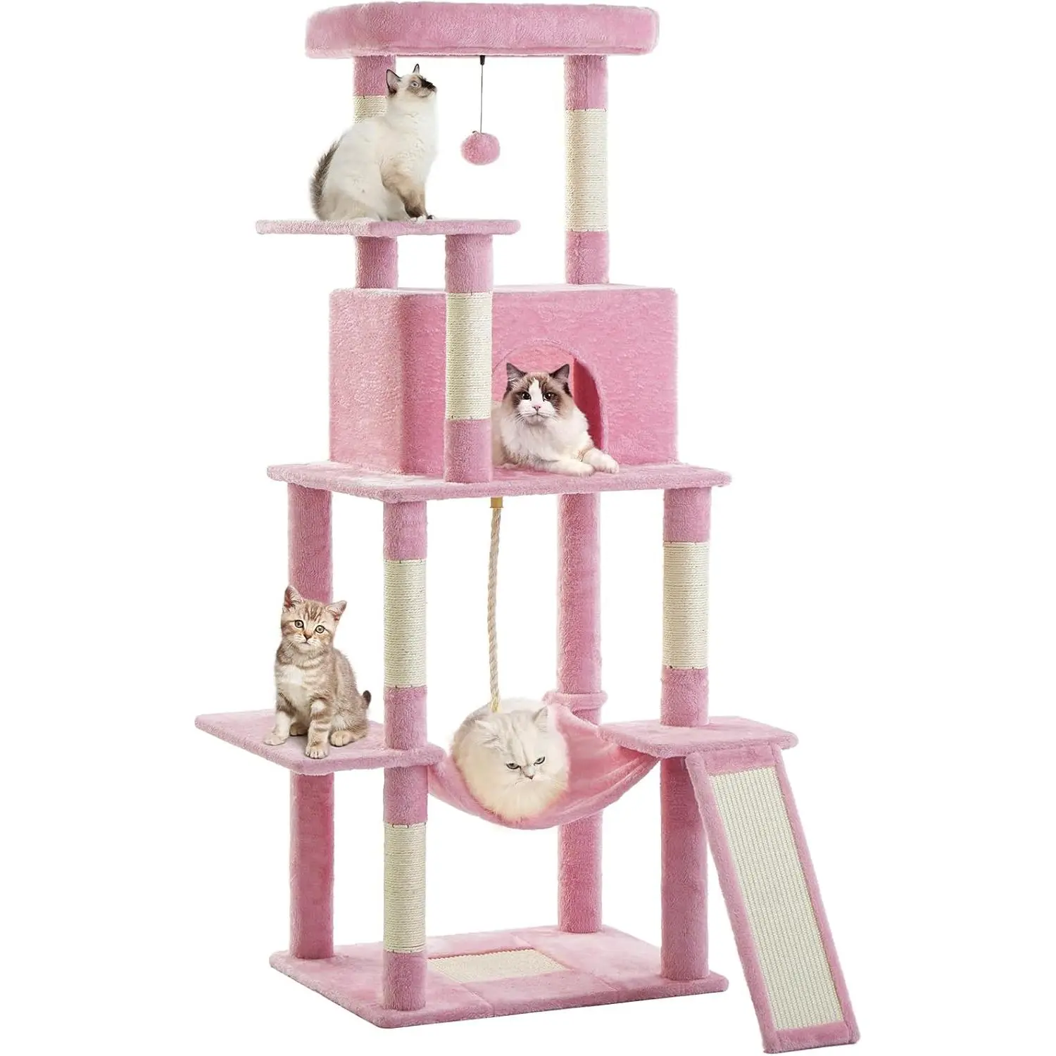 63 Inch Multi - Level Cat Tree with Sisal Scratching Posts Cat Condo Bed Hammock Ball Expandable Platform Indoor Cat Climbing Tower