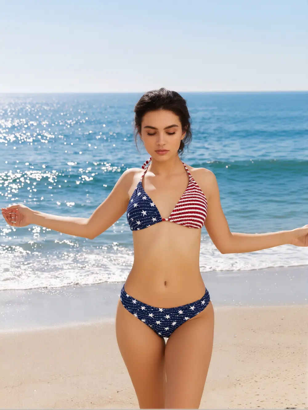 JOJO | Women's Bikinis, Patriotic 2-Piece Set with Stars Halter Top and Mid-Rise Bottom, Secure Fit Swimwear, Flag, Patriotic Event, 4Th Of July Bikinis, Beach Wear, No, Two-Piece