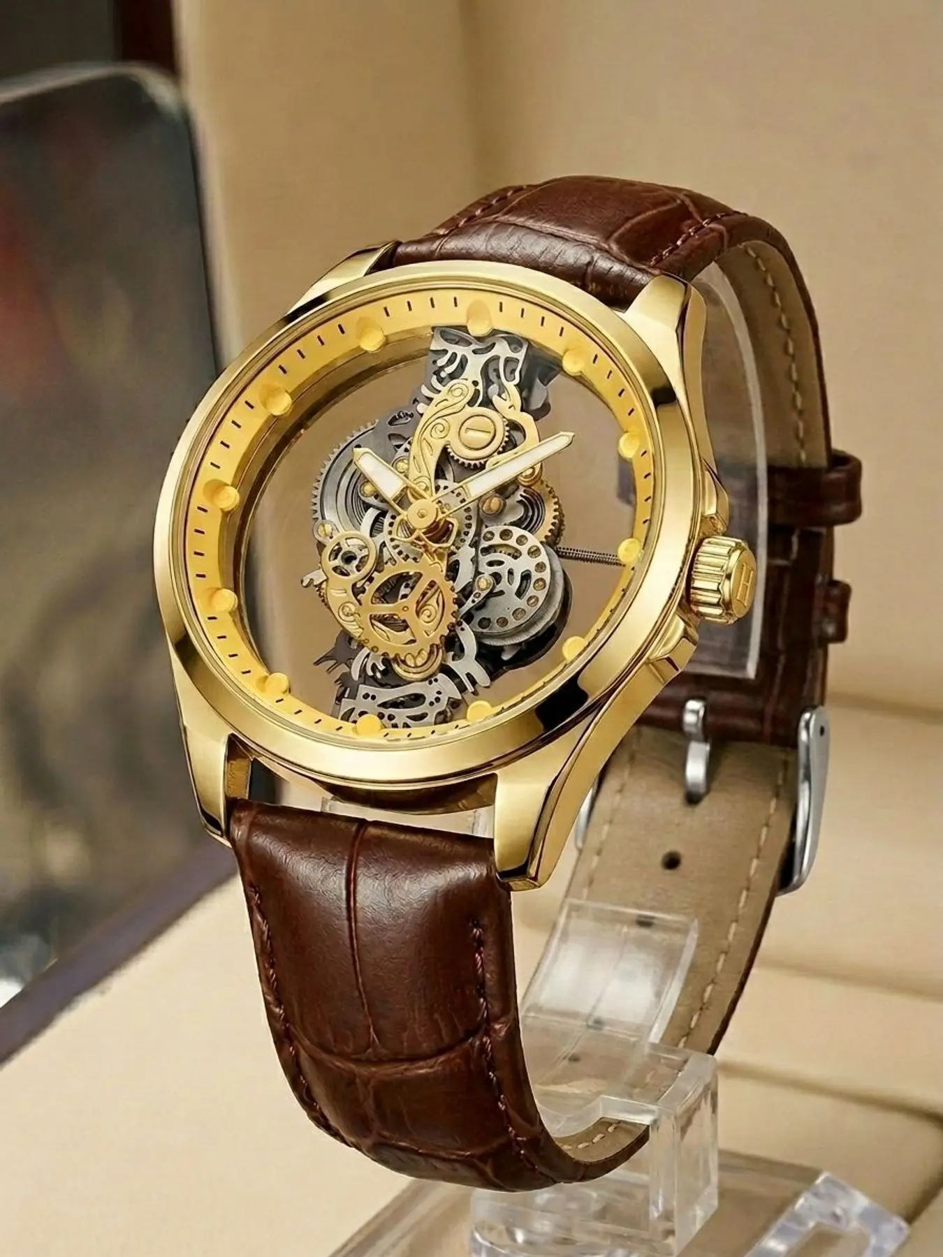 A men's brown leather strap with luminous hollow design, casual and versatile trendy quartz analog watch, Casual Business Wristwatch, Business Fashion Watch, Luminous Fashionable Watch, Analog quartz watches, Analogue Quartz Watch