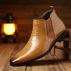 Men's Brown Crocodile Chelsea Boots - Glossy Embossed Leather Pointed Toe Slip-On Dress Shoes