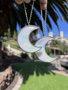 Rainbow Iridescent Pearly White Stained Glass Mini Moon Interior Rearview Mirror Car Charm! Handmade!