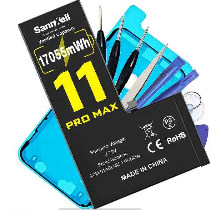SannXell Upgraded High Capacity 17055mWh Battery for iPhone 11 Pro Max Replacement, 0 Cycle A2161 A2218 A2220 Model, Ultra Long Lasting Li-ion Battery for iPhone 11 Pro Max, with Full Repair Tool Kit