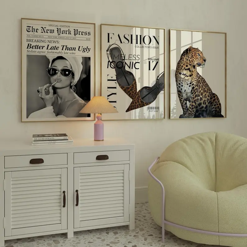 Coquette and Preppy Wall Art Set of 3 Y2K Retro Girl Posters, Leopard Print Aesthetic, Fashion Magazine Style, Dorm Room Decor