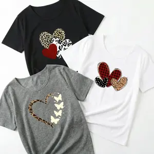 Heart Graphic Tee 3 Pack Women's Cute Leopard Plaid Print Shirt Set Casual Short Sleeve Top Valentine Gift Bundle Fashion Fit