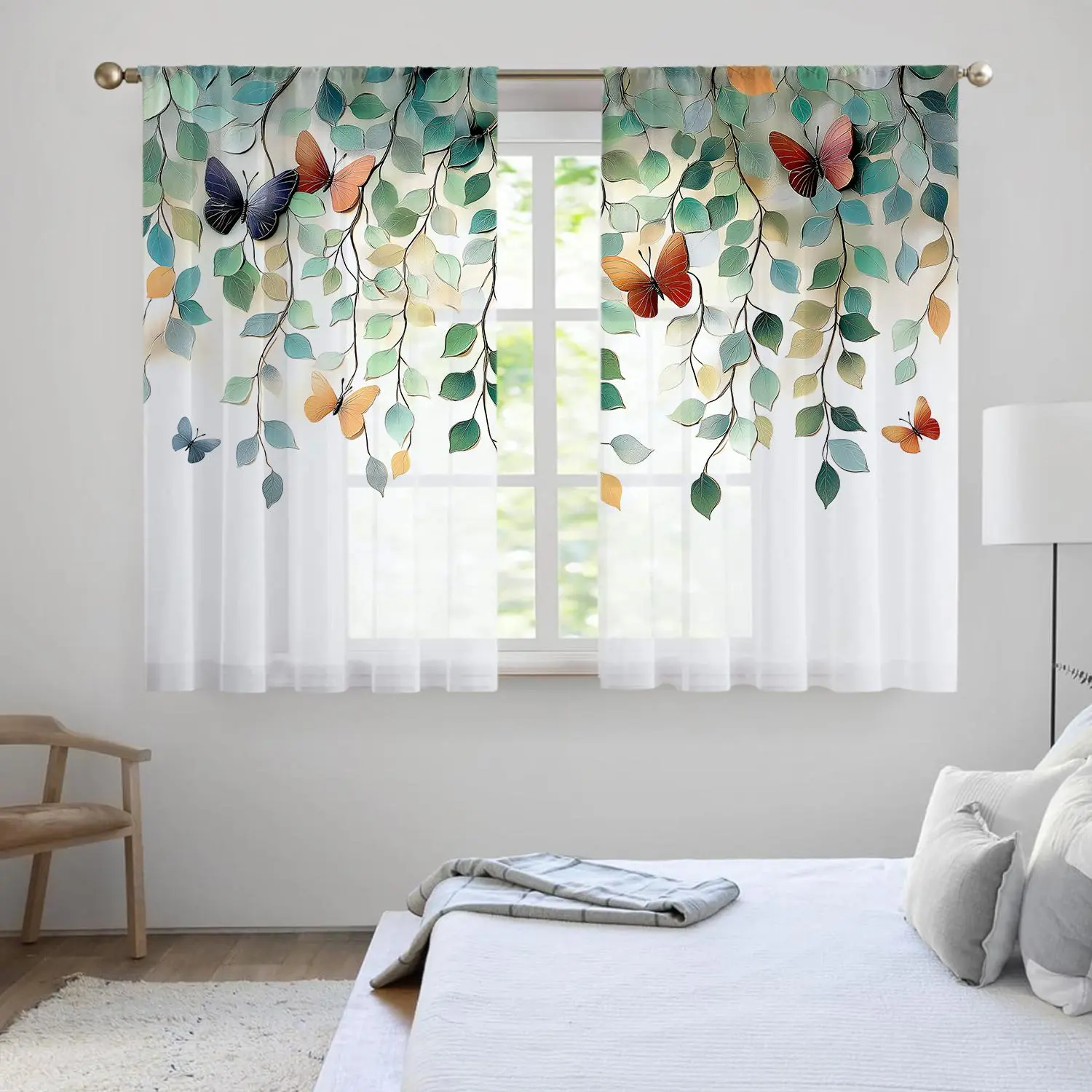 Butterfly & Leaf Pattern Curtain, 2pcs Art Oil Painting Leaf Print Curtain, Home Decorative Curtain, Home Decoration Curtain, Window Drapes for Home Living Room Bedroom Kitchen Bathroom