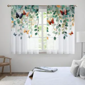 Butterfly & Leaf Pattern Curtain, 2pcs Art Oil Painting Leaf Print Curtain, Home Decorative Curtain, Window Drapes for Home Living Room Bedroom Kitchen Bathroom