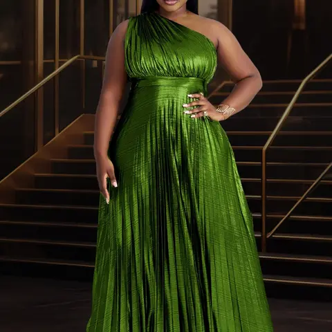 【Plus Size】 Glitter Woven Ruched Backless Formal Evening Dress, Elegant Chic Feminine Style One Shoulder Sleeveless Evening Party Gown, Women's Plus Clothes for Summer, Womenswear Lady