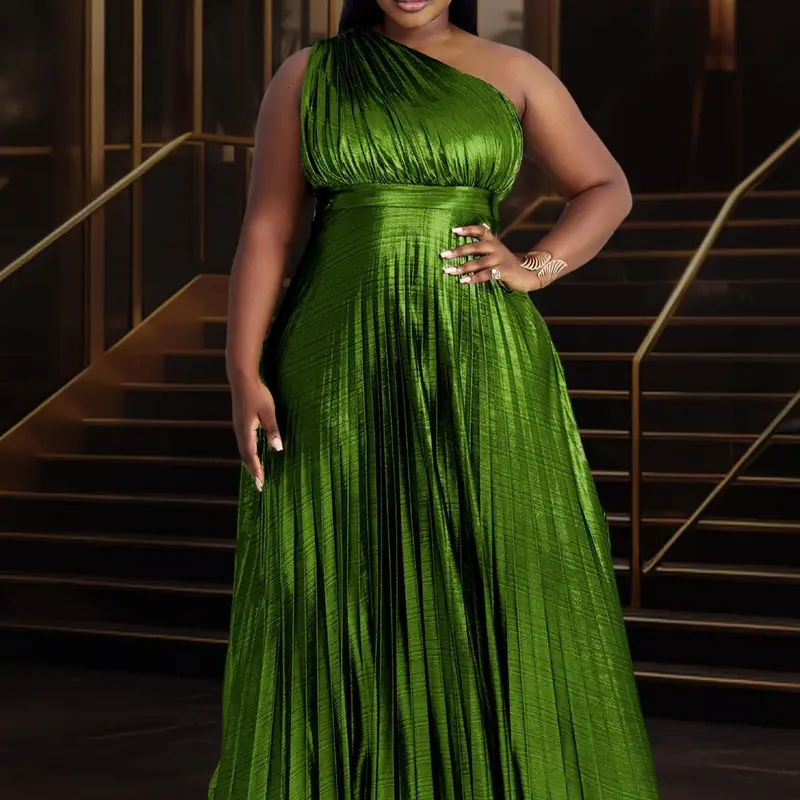 【Plus Size】 Glitter Woven Ruched Backless Formal Evening Dress, Elegant Chic Feminine Style One Shoulder Sleeveless Evening Party Gown, Women's Plus Clothes for Summer, Womenswear Lady