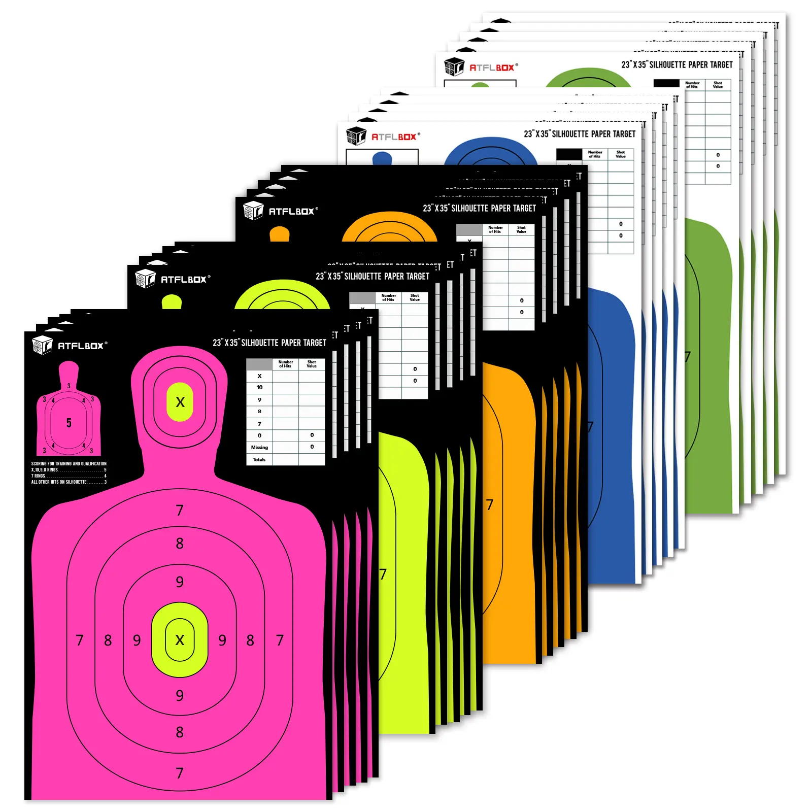 ATFLBOX 5-Color Silhouette Paper Target, 23x35 inch High Visibility Target Paper for Range, Indoor & Outdoor Hunting Sports Use, Vibrant, Training, Large Size, Silhouette Zones, High-Quality Paper