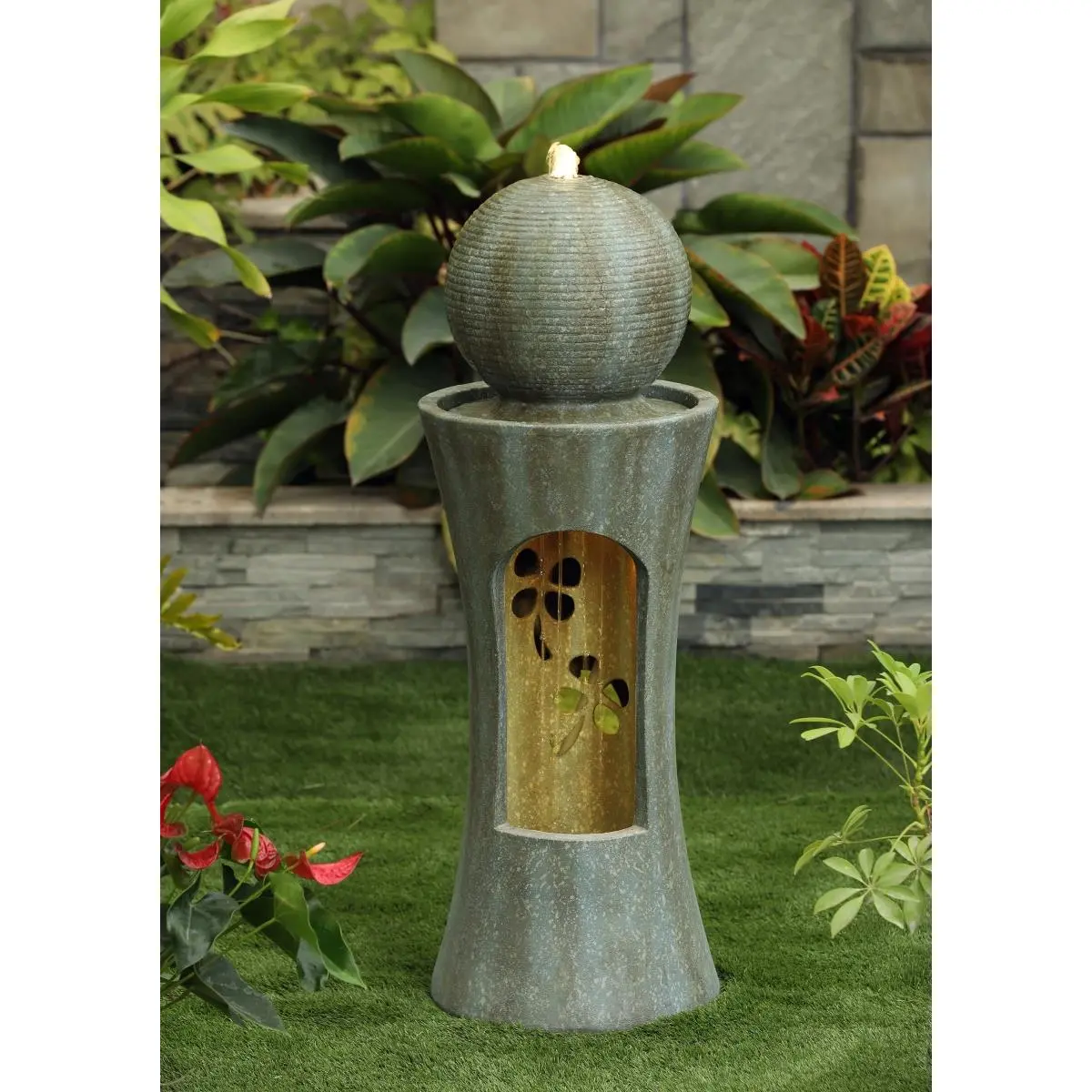 Jeco FCL177 Modern Neutrally Toned LED Light Ball Tiered Water Cascade Fountain, 14.2x14.2x39 in, JR450 Pump, Adjustable Flow, Easy to Move, No Plumbing Required, Outdoor-Indoor Brick Look Masonry Home & Garden Decor Water Fountain, Water Fountains