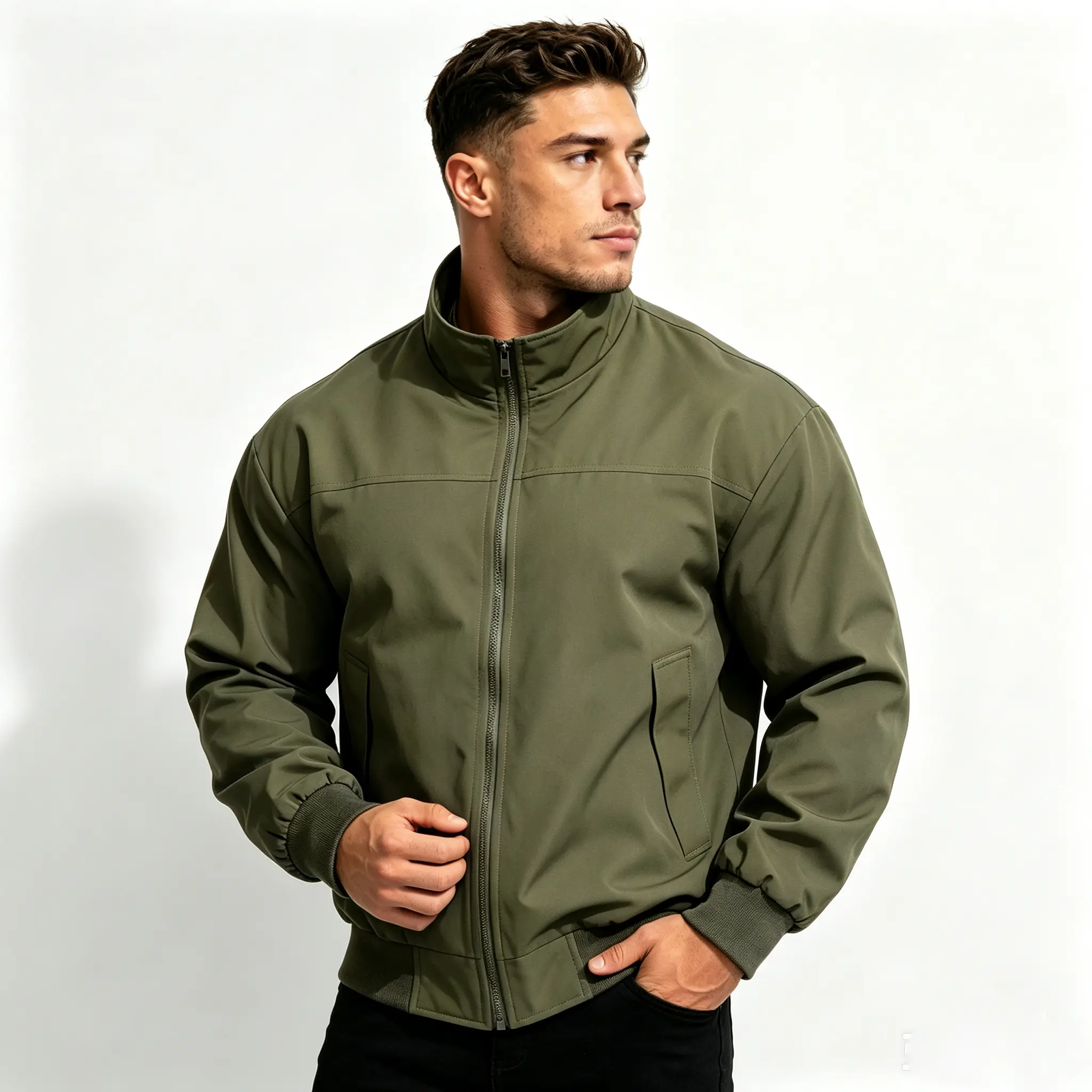 Men's Minimalist Stand-Collar Waterproof Work Jacket - Spring/Autumn Menswear, Smooth Fabric Sweatshirt-Inspired Loose Zip-Up Outerwear, Windproof Short Aviator Coat for Outdoor Activities & Commuting, Sweatshirts
