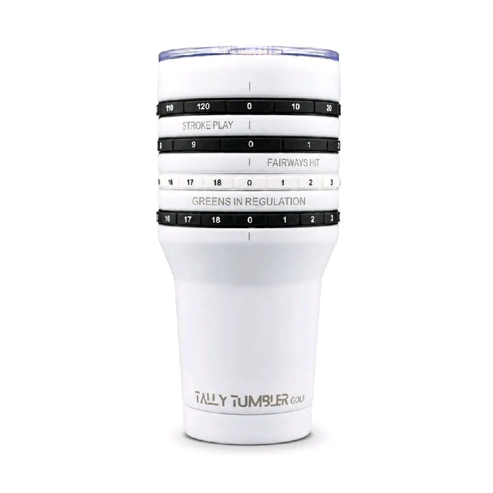 Tally Tumbler Golf Portable Stainless Steel Reusable Tumbler for Gold Score Keeping & Cold Drinks with Score Rings 0-129. Track golf stats on a 30oz tumbler