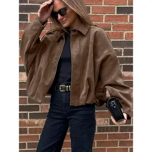 Aviator Jacket Woman,New In Coats And Jackets,Zip Up Jacket Women's Winter Jacket,Suede Jacket,Oversized Pilot Jacket Cropped Fit, 2025 Streetwear Pleats Short Jacket Woman
