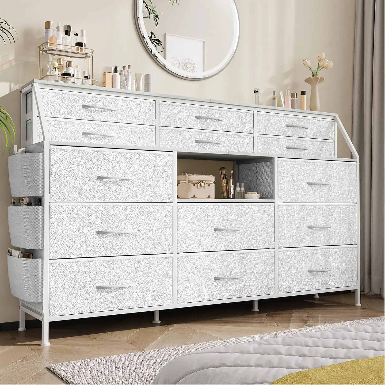 55-Inch Modern Storage Dresser - 14 Foldable Fabric Drawers, Wooden Top, Metal Frame, Open Shelves, Anti-Tip Safety Design, Spacious Chest, TV Stand, Assembly Required for Bedroom, Living Room