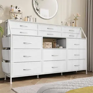 【Christmas Gift】Dresser With 14 Foldable Fabric Drawers And Wood Top Tv Stand Spacious Storage Chest Metal Frame Open Shelves Anti Tip Safety For Bedroom Living Room Closet Fits 55 Inch Tv White