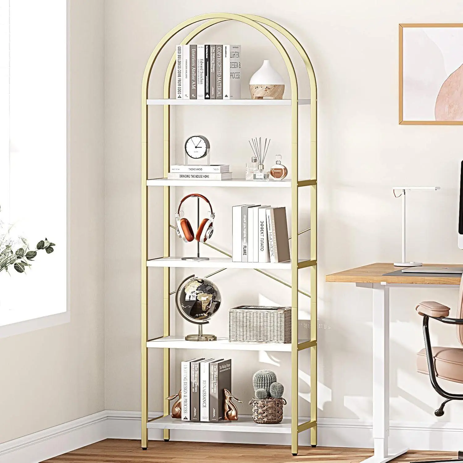 GARVEE Bookshelf with curved top, adjustable feet and anti-tip set, stable 5-tier bookcase with MDF board and metal frame, elegant tall bookcase for living room,