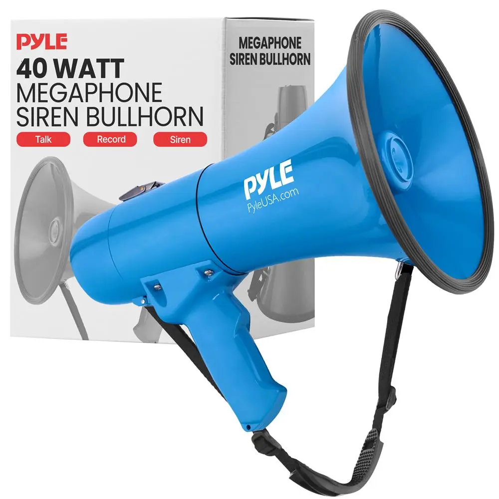 Portable 40W Megaphone with Loud Sound - Blue | 800 Yard Range Loudspeaker with Siren Music Record Mode, Adjustable Volume Control - Megaphone Speaker for Coaches, Emergency Announcement, Commercial & Outdoor Use