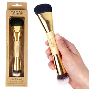 TADA Natural Beauty 2-in-1 Dual Ended Makeup Brush, Kabuki Brush for Blush, Powder & Liquid Foundation, Travel Friendly, Makeup Blender for Flawless Finish, Wooden Handle