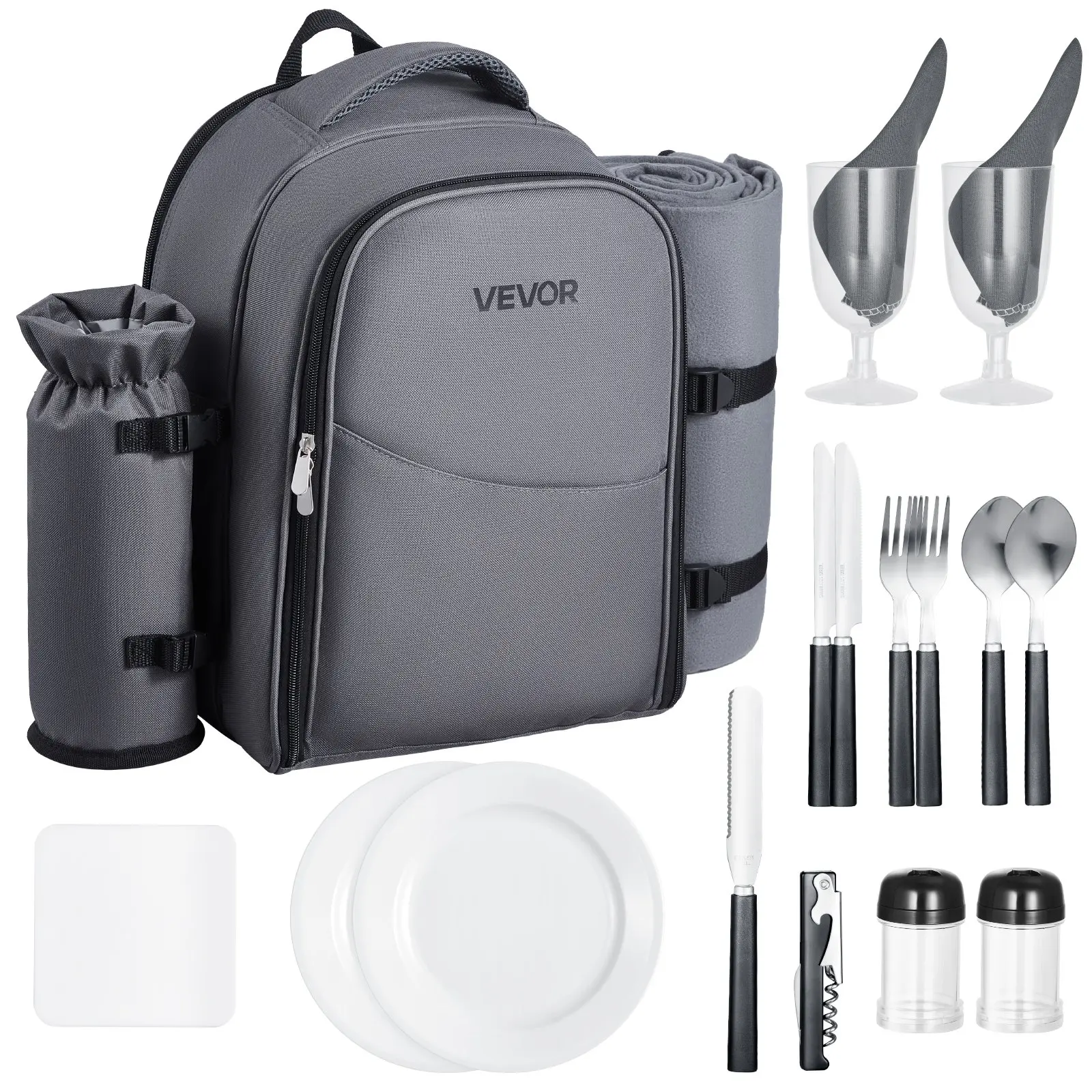 【Summerfinds】VEVOR 2-Person 20L Picnic Backpack Kit, 600D Oxford Fabric Outdoorgear with Insulated Cooler Compartment, Detachable Bottle/Wine Holder, Lightweight Blanket, Plates & Cutlery Set, Easy to Clean for Hiking, Beach, Grey, Picnicbasket, Padde