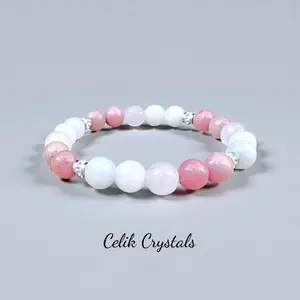 Moonstone, Rhodonite, Rose Quartz Bracelet with Stainless Steel Cubic Zirconia Spacers - Natural Stones 8mm Beads Intuitively Chosen Crystals