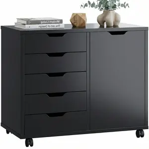5-Drawer Wood File Cabinet,Mobile Printer Stand with Adjustable Shelf & Wheels,Storage Shelves for Home Office