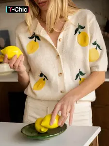 Women's Lemon Embroidery Sweater Cardigan, Casual Short Sleeve Knitwear for Daily Wear, Ladies Knitting Clothes for Summer, Knitted Tops