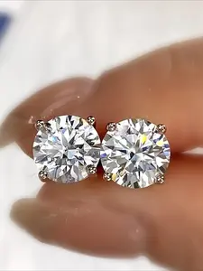 1pair 0.5/1/2/3Carat Brilliant Round Cut Moissanite Earring, Four-Prong Stud Earrings Elegant Minimalist Earrings For 925 Silver Jewelry, Daily fashion jewelry With box
