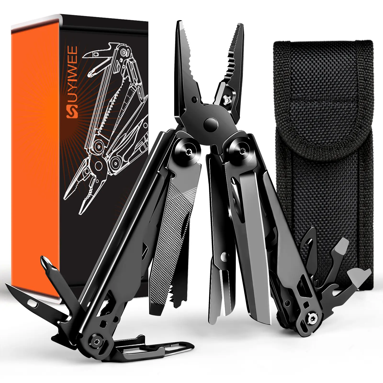 19-in-1 multifunctional tool set featuring a premium 440C stainless steel multi-function pliers, equipped with nylon sleeves, foldable and portable—ideal for outdoor survival, camping, hiking, and maintenance activities.