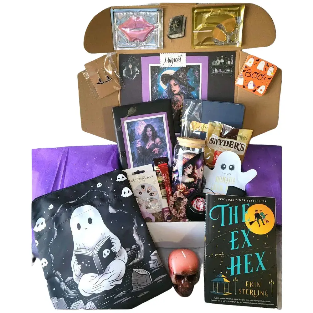Spooky Blind Date with a Book Boo Box - Halloween-Themed Hand-Decorated Gift Box for her, Includes Decorated Box, Wrapped Book, Spooky Book Sleeve, Glass Tumbler with Straw, Halloween Face Mask, Jewelry, bookmarks, Writing Journal, & Other Bookish Goodies