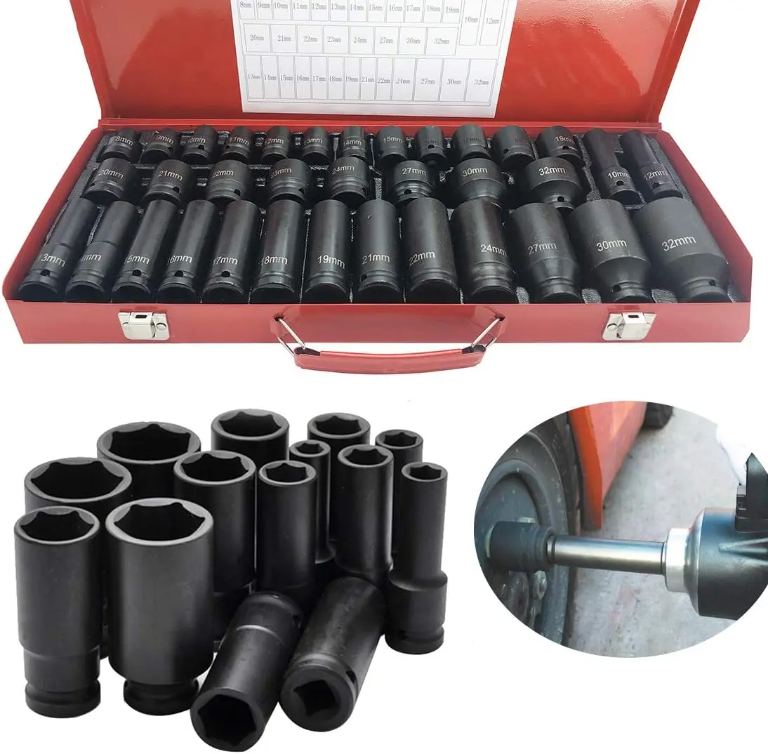 35PCS 1/2" Drive Deep Impact Socket Set 6 Point Sockets Spindle Axle Nut Garage Workshop Car Auto Truck Repair Hand Tools 8-32MM